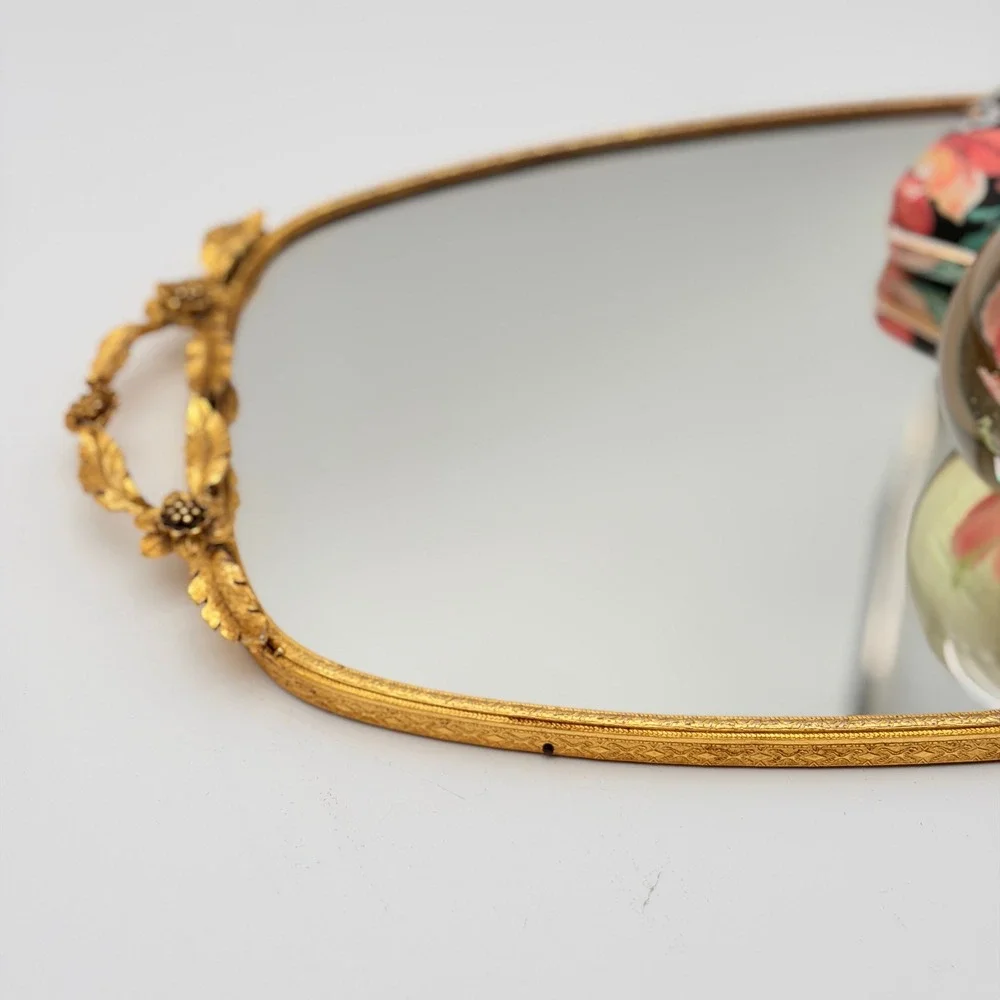 Vintage Hollywood Regency Gold Filigree Mirrored Vanity Tray Floral Handles Oval